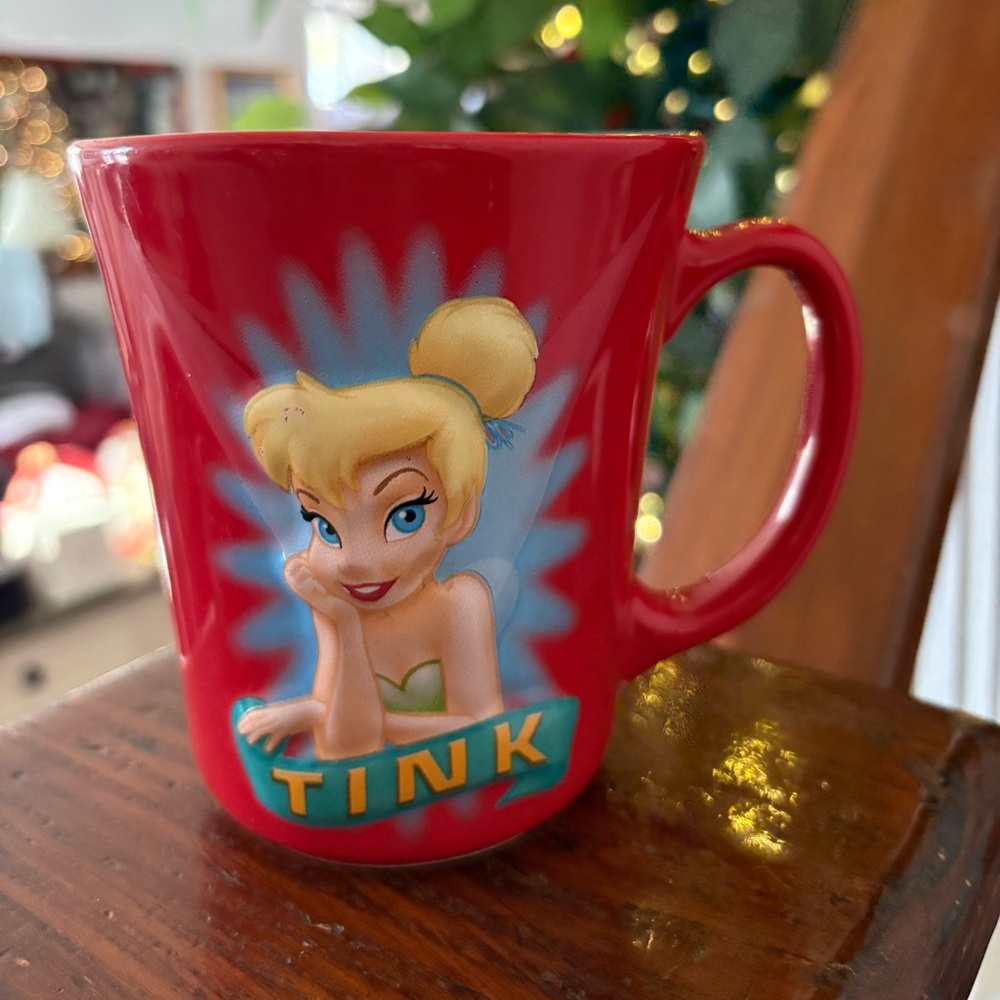 Vintage Disney Store Tinkerbell Mug Tink Red Blue Embossed 3D Cup 16 oz